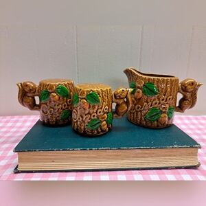 Vintage Canada Squirrel Ceramic Salt & Pepper Set Plus Creamer - Brown and Green